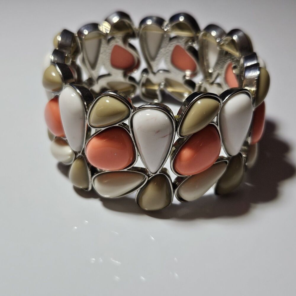 Silver Tone Chunky Pink Tan White Bead Stretch Bracelet 7.5" - Picture 10 of 12